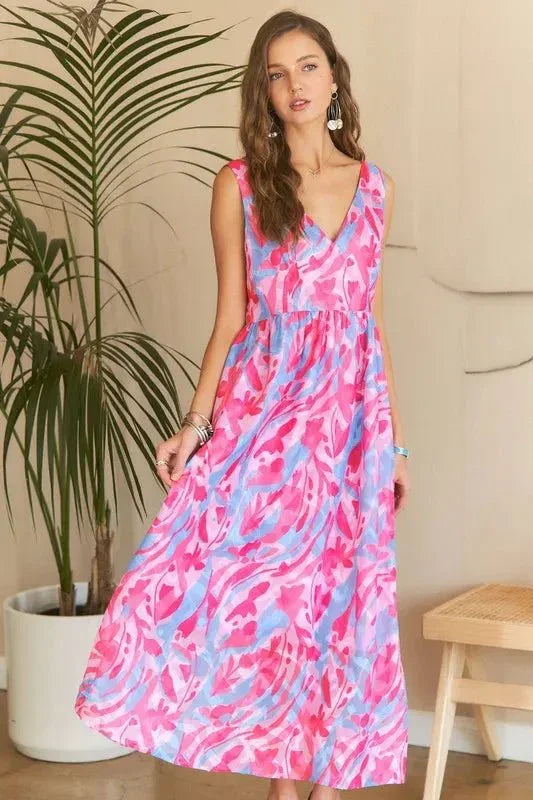 ADORA Abstract Floral V - Neck Maxi Dress - VILLA FASHION